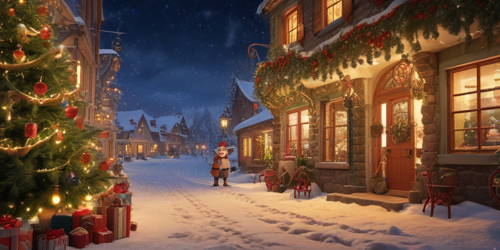 Charming Winter Village Scene with Santa Claus and Festive Decorations
