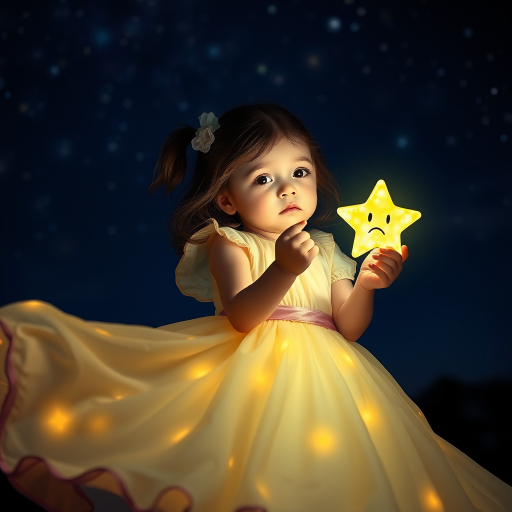 A whimsical scene of a young girl in a flowing nightgown holding a glowing star with a sad face, dark night sky filled with stars, vibrant colors, shot with a DSLR camera at f/2.8, ISO 100, 50mm lens, soft focus background, portrait orientation, low light exposure for enhanced glow effect.