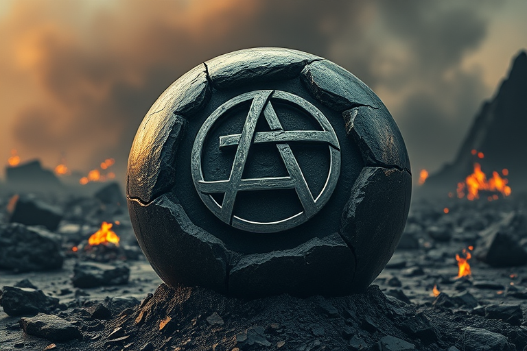 Create a highly detailed and dramatic image of a metallic anarchy symbol embedded in a cracked stone sphere, surrounded by a smoky, apocalyptic landscape with fiery accents, captured with a DSLR camera at f/2.8, ISO 100, 1/125 sec, using a wide-angle lens to enhance depth and perspective.