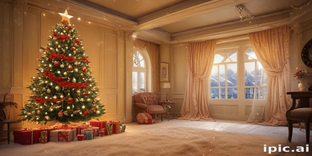 Cozy Living Room Decorated for Christmas with a Beautiful Tree and Gifts