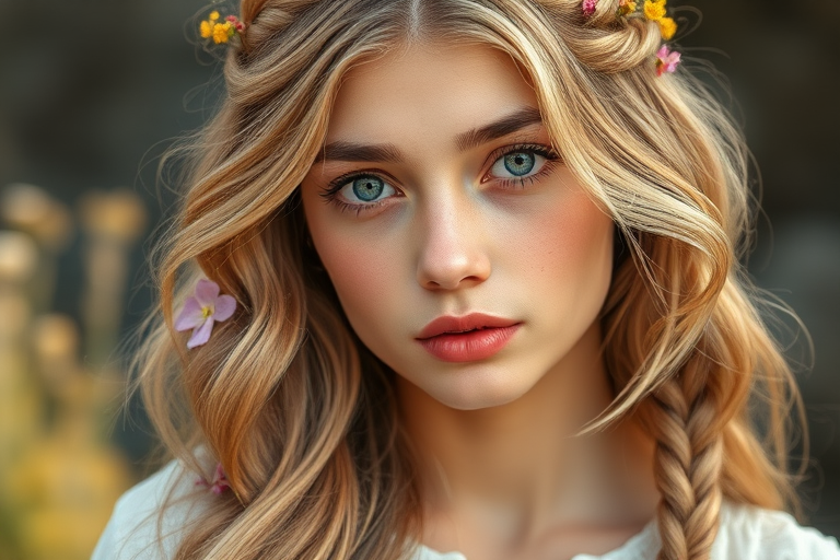 Create an image of a young Chaldean woman with long, wavy blonde hair, adorned with small, colorful flowers woven into her braids and loose strands. Her complexion is fair, with soft, glowing skin, and she has light blue eyes that gaze softly at the viewer. She wears a light, flowing dress with a gentle, ethereal quality, complementing her delicate and serene appearance. The background is slightly blurred, drawing focus to her tranquil expression and the intricate details of the flowers in her hair. The overall mood of the image is one of natural beauty and grace, evoking a sense of peacefulness and connection with nature.