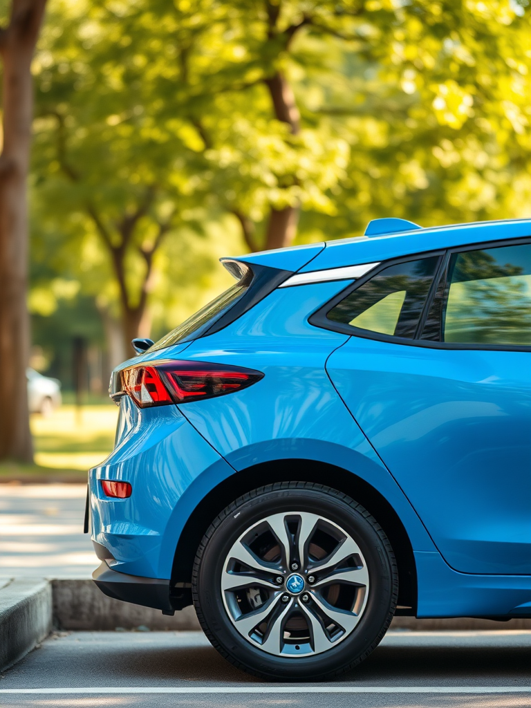 Regenerate an image of a blue electric car parked on a street, ensure bright natural lighting, with a depth of field focusing on the car while blurring the background, use a DSLR camera with a 50mm lens, aperture set to f/2.8, ISO 100, and a shutter speed of 1/200 sec.