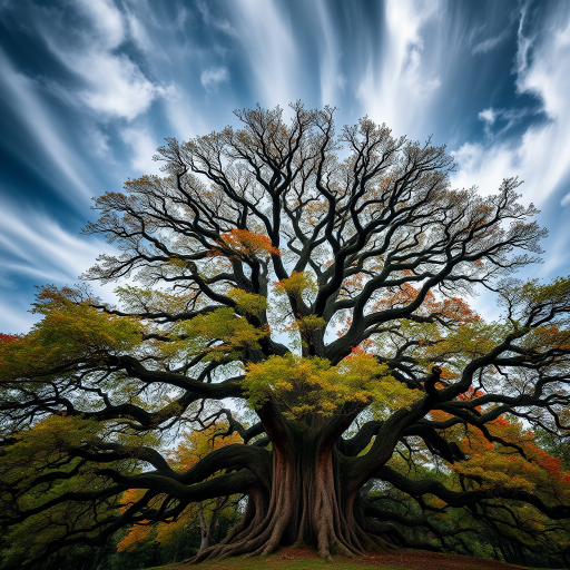 A majestic ancient tree with intricate branches and vibrant foliage set against a dramatic sky with swirling clouds, captured in 4K resolution using a Canon EOS R5, 24mm lens, f/2.8 aperture, ISO 100, with a wide-angle view to enhance depth and color saturation.