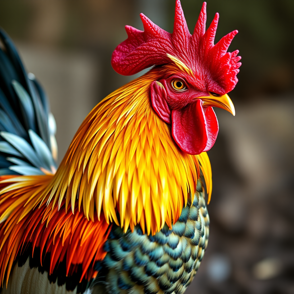 Create a vibrant illustration of a rooster with detailed feathers, using a DSLR camera set to 50mm f/1.8, aperture priority mode, shot from a low angle to emphasize the rooster's stature and with a soft focus background to enhance the subject.