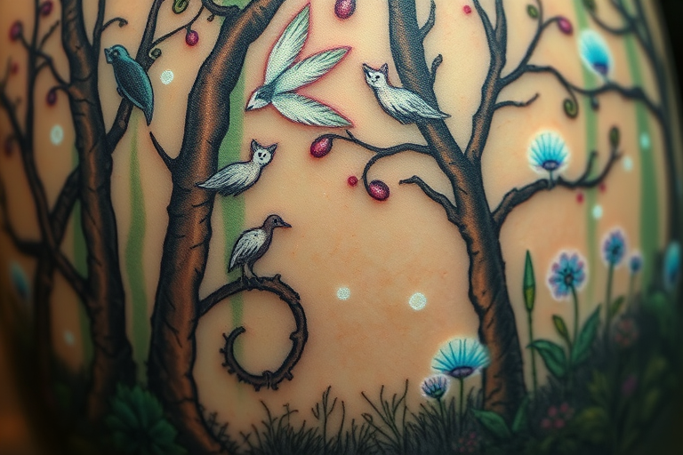 Enchanting "Fairy Tale Forest" tattoo transports viewers into a magical woodland scene. Soft, muted greens and browns create a lush backdrop, while pops of bioluminescent blues and purples add an otherworldly glow. Delicate linework brings to life whimsical creatures and ethereal flora, creating a storybook-worthy piece full of wonder and imagination.