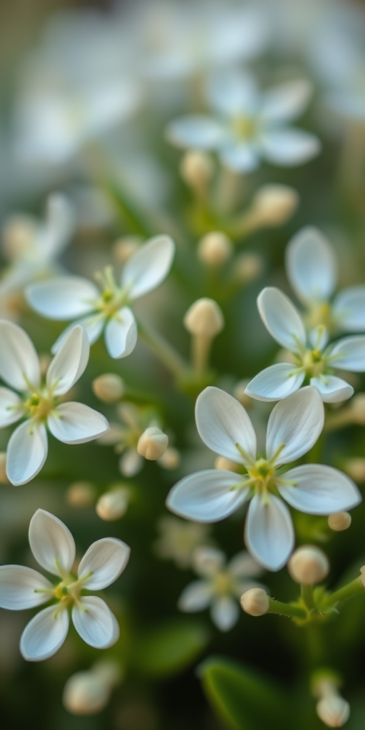 Close-up shot of delicate white flowers with green foliage, shallow depth of field, f/2.8 aperture, ISO 100, 50mm lens, natural light, macro photography.