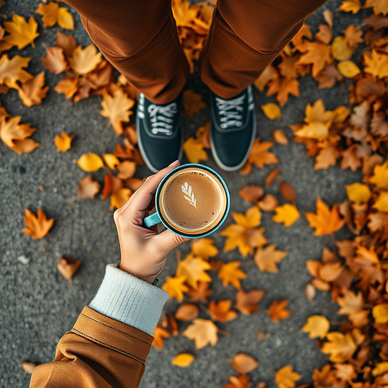 Create an image of a top-down view of a person's legs wearing brown pants and black shoes, holding a coffee cup, with autumn leaves scattered around, captured with a Canon EOS R, 50mm lens, f/1.8 aperture, ISO 100, natural light, focusing on vibrant colors and sharp details.