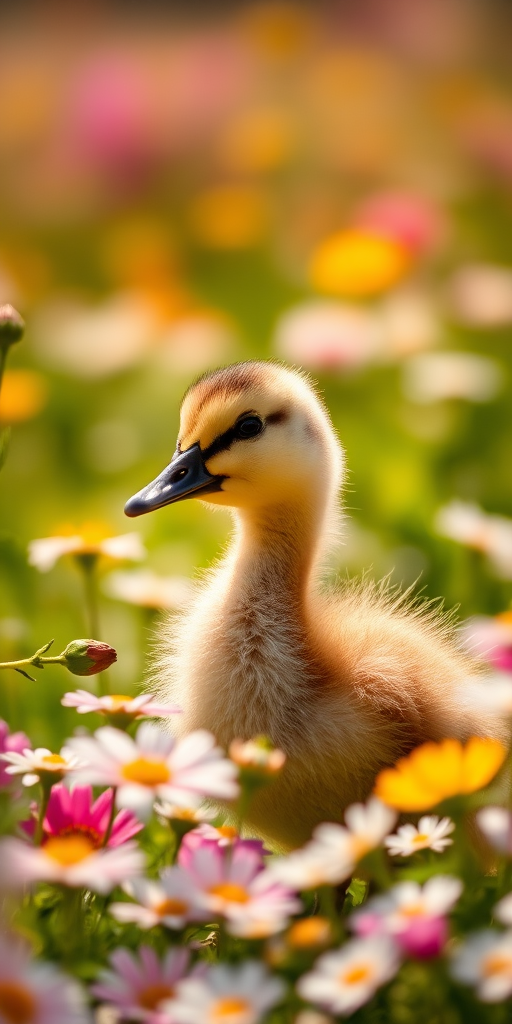 A duckling standing among flowers in a sunny field, shallow depth of field, aperture f/2.8, ISO 100, 1/500 sec shutter speed, macro lens, close-up view, natural light photography.