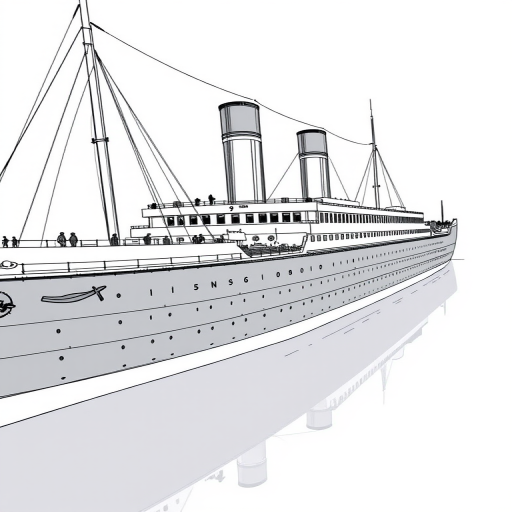 Create a high-resolution side view illustration of the Titanic, detailed line art, with a focus on ship's structure and sails, using a Canon EOS R5, 50mm lens, f/8 aperture, ISO 100, natural light for clarity and depth.