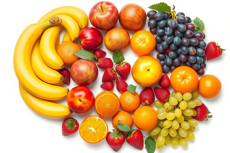 Create a vibrant and detailed illustration of a circular arrangement of various fruits including bananas, apples, grapes, oranges, and strawberries on a white background, using a macro lens with a shallow depth of field, f/2.8 aperture, ISO 100, 50mm focal length, and a soft diffused natural light for clarity and color enhancement.