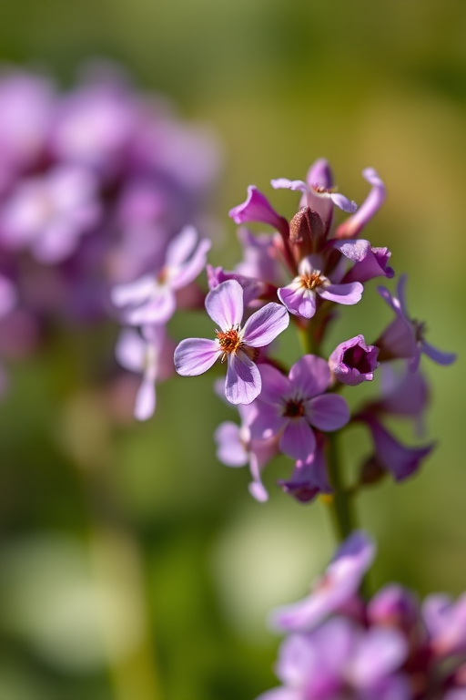macro shot of blooming purple flowers with soft focus background, f-stop 2.8, ISO 100, shutter speed 1/200s, 50mm lens, natural light, DSLR camera, shallow depth of field