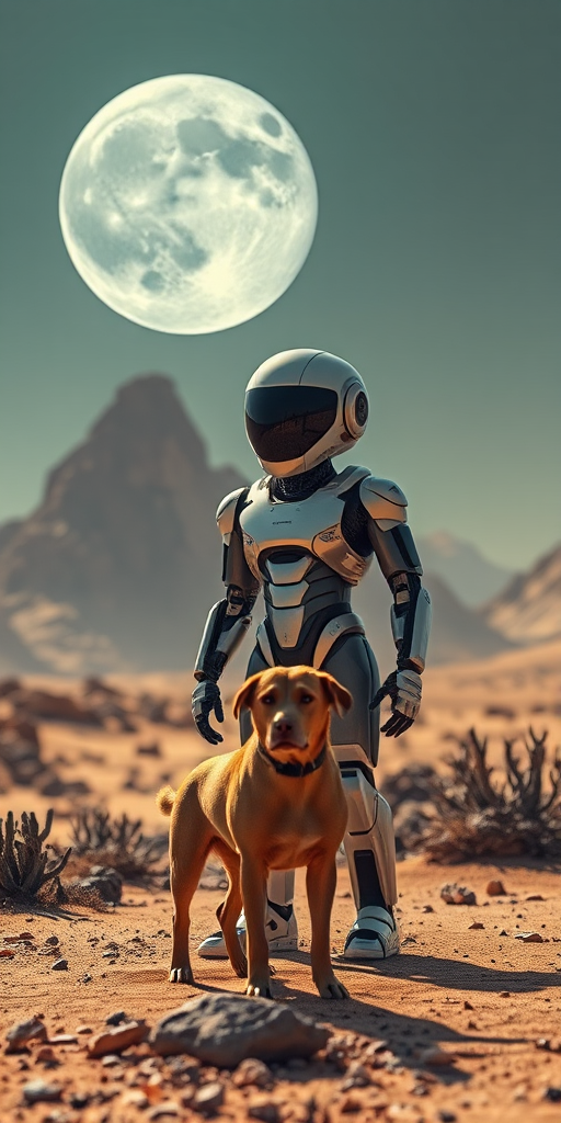 A futuristic landscape on an alien planet featuring a humanoid robot with a dog in the foreground, a large moon in the background, soft lighting, high resolution, DSLR camera settings: aperture f/8, ISO 100, shutter speed 1/125, wide-angle lens, low angle view, captured in vibrant colors for enhanced depth.