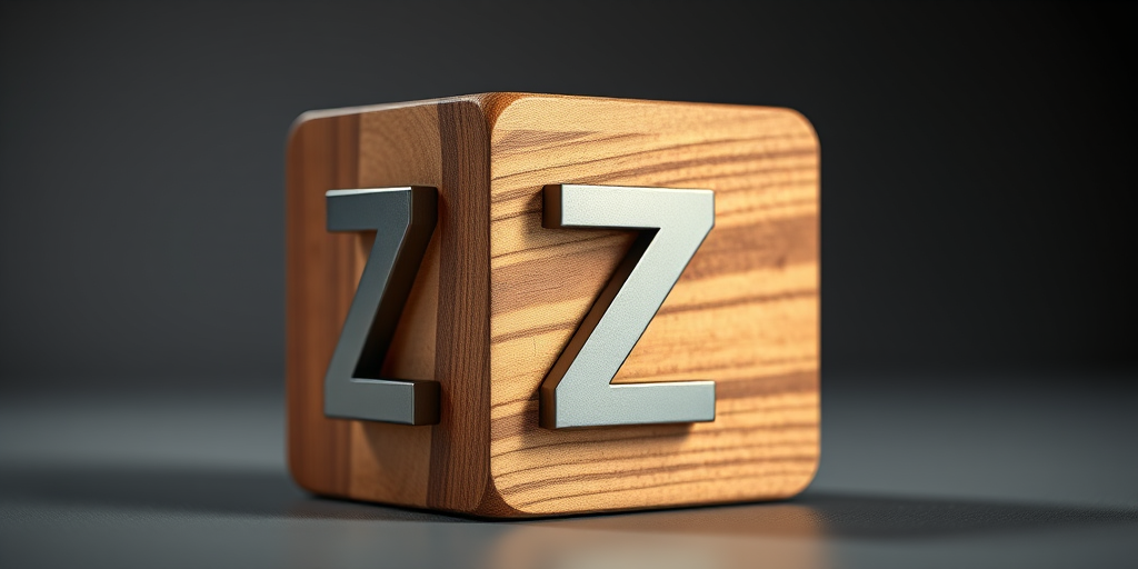 Create a highly detailed 3D rendering of a wooden cube featuring a large metallic letter Z on each side, using a Canon EOS R5 with a 50mm f/1.2 lens, set to ISO 100, aperture f/4, and shutter speed 1/125 sec, in a soft focus background with dramatic lighting to accentuate the textures and materials.