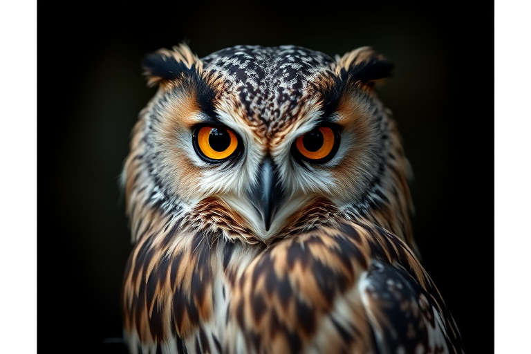 Regenerate the image of an owl with a shallow depth of field, f2.8 aperture, ISO 200, 50mm lens, captured in natural light to enhance textures and details, focusing on the owl's eyes with a dark, moody background for contrast.