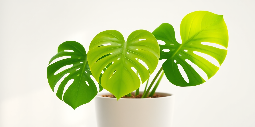 Create an illustration of three monstera plants in a simple pot, with vibrant green leaves in varying shades, using a flat design style, shot with a DSLR camera at f/2.8, ISO 100, 50mm lens, natural lighting, and soft focus background.