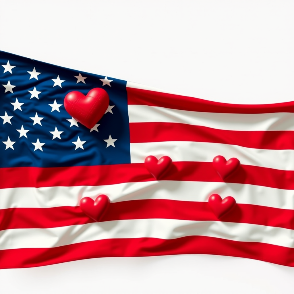 Create an image of the American flag featuring hearts instead of stars, high-resolution, shot with a DSLR camera at f/8, ISO 100, 50mm lens, top-down view, bright lighting, graphic illustration style.
