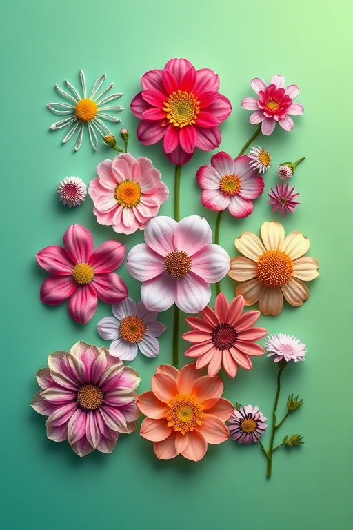 Create a vibrant digital illustration of various flower designs arranged in a 3x3 grid, use a Canon EOS R5 with a 50mm lens at f/2.8, ISO 100, focus on sharpness and color contrast, employ a flat lay view with a gradient green to blue background, enhance the clarity and saturation for a contemporary look.