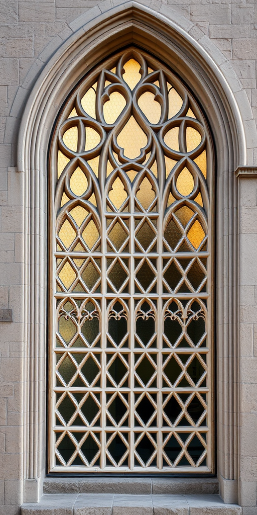 Create a high-resolution image of a gothic-style arched window with intricate lattice work, captured using a DSLR camera at f/2.8 aperture, ISO 100, 50mm lens, and a shallow depth of field, in natural lighting with a straight-on view.