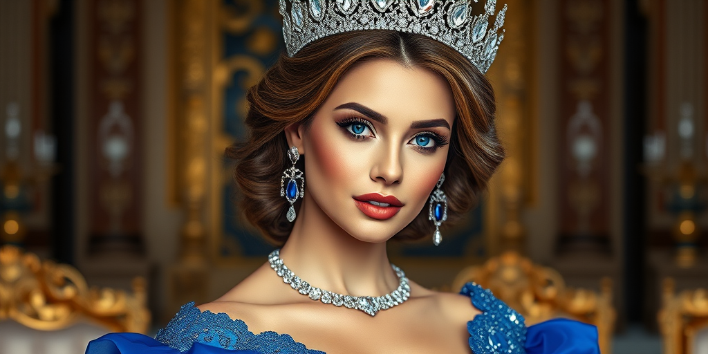 A gorgeous woman in a luxurious blue gown, accessorized with a dazzling tiara and statement earrings, her deep blue eyes highlighted by impeccable makeup, poised in a royal setting, photorealistic, 8K quality
