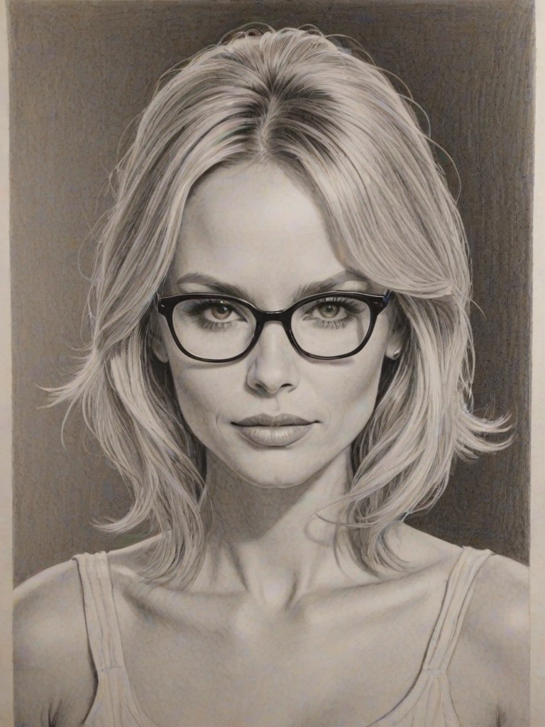 Alluring Kristen Chenoweth, pencil sketch, portrait of Enticing woman 1969s in glasses, hair style beatnik, outline, clear lines, fine lines, 8k
