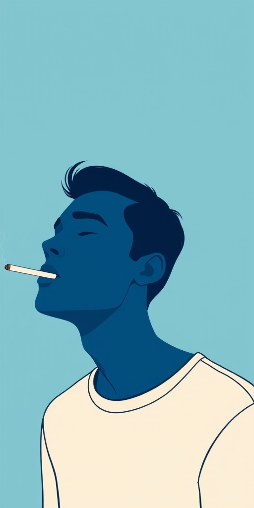 Create a minimalist illustration of a person smoking a cigarette, side profile, with a soft blue background, high contrast, using a digital drawing style, 300 DPI resolution, with a focus on smooth lines and subtle shading.