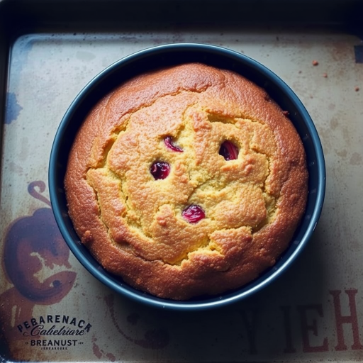 A freshly baked cake in a round springform pan with a golden brown top and a crumbly texture, placed on a rustic baking sheet with a slightly worn surface. The cake features visible bits of fruit peeking through the top crust, creating an inviting and homemade appearance.