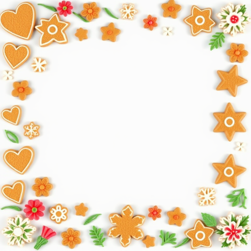 regenerate an intricate border design with assorted gingerbread shapes including hearts, stars, flowers, and Christmas elements against a transparent background, use a DSLR camera setting of f/2.8 aperture, ISO 100, and a 50mm lens for sharp detail and vibrant colors, perspective view with a slight overhead angle to capture the full border layout.