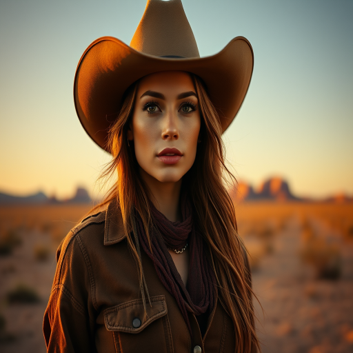Dramatic photo of a beautiful Western American woman, classic cowboy attire, confident and free spirit expression, half-length portrait, centered, golden hour desert landscape, warm, diffused light, low angle, medium format film camera, in style of Annie Leibovitz.