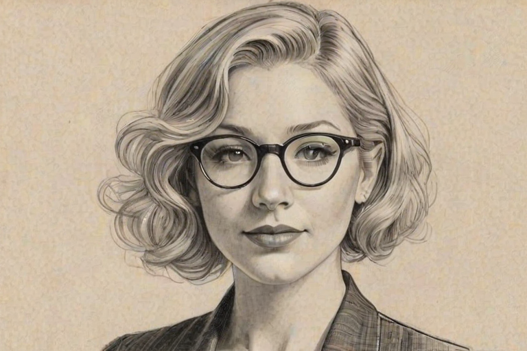 Radiant Ari Graynor, pencil sketch, portrait of Delightful woman 1930s in glasses, hair style beatnik, outline, clear lines, fine lines, 8k