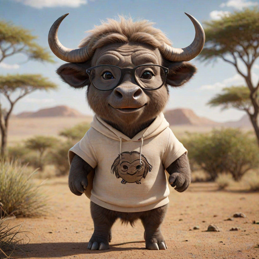 Hyperrealistic 3D render of a smiling cartoon Cape Buffalo wearing glasses and a beige t-shirt with a smaller buffalo image printed on it, missing some teeth, set against a blurred African savanna background, detailed fur, 8k resolution, octane render, artstation trending.