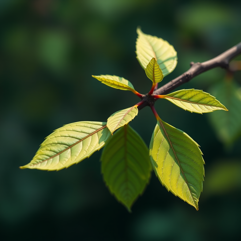 Create a detailed illustration of a branch with green leaves, using a high-resolution setting, macro view, digital art style, and a DSLR camera type.