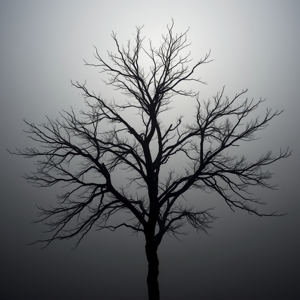 Generate a high-contrast silhouette image of a bare tree against a foggy background, camera settings: f/8, ISO 100, shutter speed 1/125s, camera view: wide-angle, camera style: fine art, camera type: DSLR.