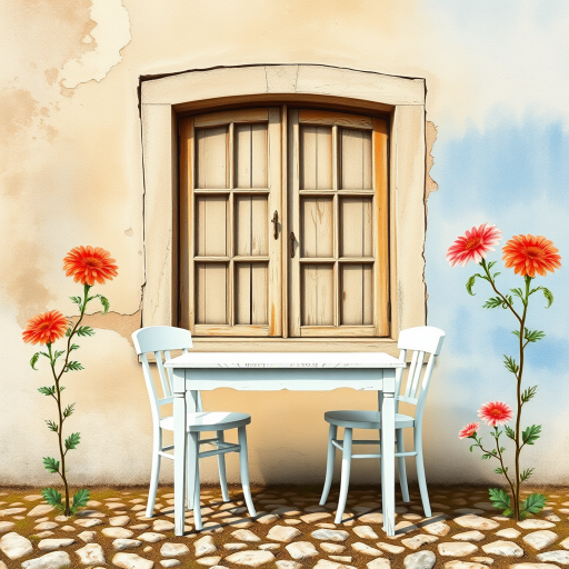 Create an amazing realistic watercolor image, The background is a crumbling wall beige and pale blue with the old wooden window. front of the wall has an old white table with two chairs. The soil is stones. Both of side of the image amazing flowers visible.