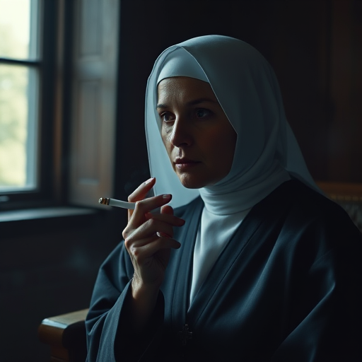 Create an image of a contemplative nun with a cigarette in a dimly lit room, captured with a DSLR camera at f/2.8, ISO 200, 50mm lens, natural light coming from a window, cinematic style.