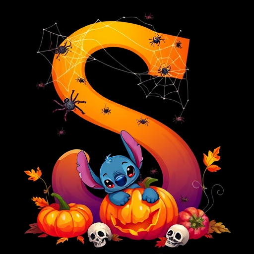 A whimsical and vibrant Halloween-themed digital illustration featuring the letter "S" adorned with spider webs, small bats, and cute spiders. At the base of the letter, a playful alien character similar to Stitch is peeking out from inside a carved pumpkin with glowing eyes, surrounded by additional pumpkins, a small skull, and autumn leaves. The letter is gradient-colored from orange to purple, adding a magical atmosphere to the scene, black background