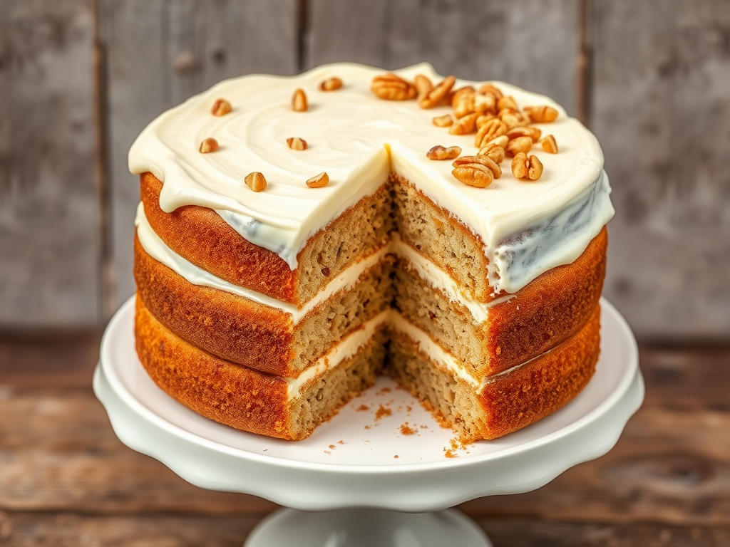 Create an image of a layered cake with creamy frosting topped with chopped nuts placed on a white cake stand with a rustic background. The cake should have a few slices cut out to showcase its layers and texture, emphasizing its delicious and inviting appearance.