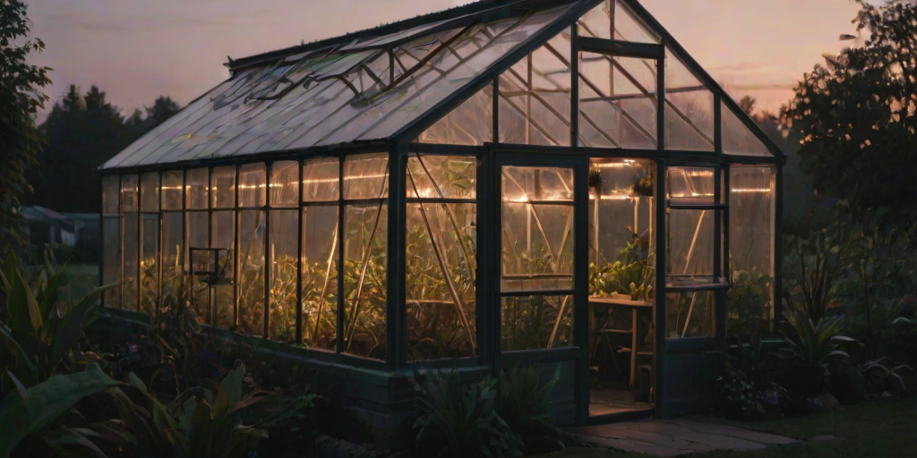 Warmly lit photo of a glass greenhouse at dusk, with soft light from inside illuminating the plants and a gentle mist rising from the ground, creating a magical atmosphere.