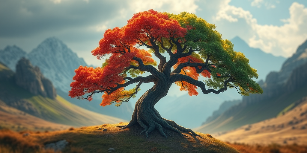 Generate a highly detailed and vibrant illustration of a stylized tree in a mythical landscape, shot with a Canon EOS R5 at 50mm, f/1.8 aperture, ISO 100, in natural light, with a soft focus background to enhance depth and clarity.
