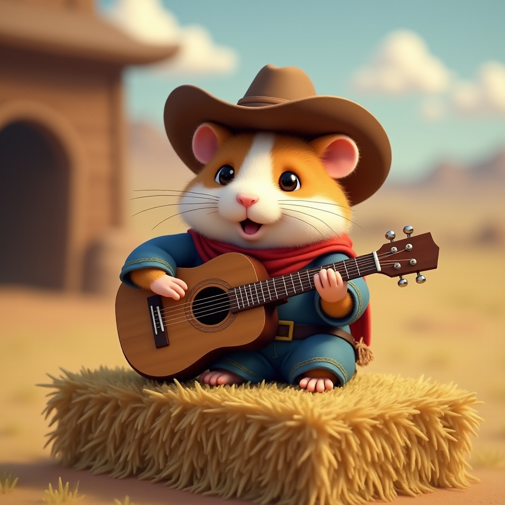 A chibi hamster, dressed as a cowboy, playing guitar, sitting on a hay bale