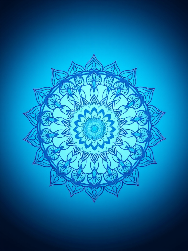 Create a high-resolution image of a delicate mandala pattern on a gradient blue background, captured with a DSLR camera using a 50mm lens at f/1.8, ISO 100, and a soft focus style to enhance the serenity and depth.