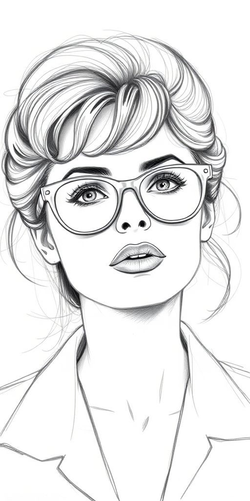 Beautiful Sophia Loren, pencil sketch, portrait of beautiful woman 60s in glasses, hair style beatnik, outline, clear lines, fine lines, 8k