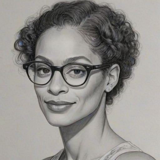 Fetching Carla Hall, pencil sketch, portrait of Lovely woman 1920s in glasses, hair style beatnik, outline, clear lines, fine lines, 8k