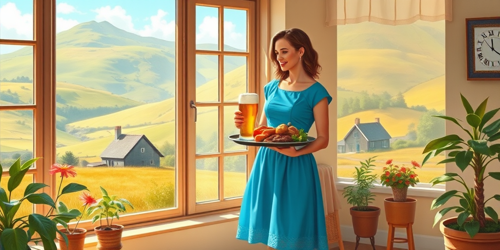 In "A Glass of Beer on the Highland," a serene scene is depicted in a sunlit room where a woman in a vibrant blue dress stands by a large window. She holds a tray with a hearty meal and a frothy glass of beer, embodying a moment of relaxation. Outside, the breathtaking highland landscape features rolling green hills and a charming traditional house, all bathed in warm afternoon light. The interior is adorned with potted plants, creating a harmonious blend of comfort and nature. The painting beautifully captures the tranquility and joy found in simple pleasures amidst stunning scenery