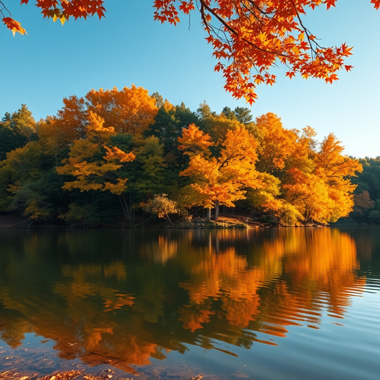 Regenerate a serene landscape of a calm lake reflecting colorful autumn trees, with vibrant orange and yellow leaves amidst dark green foliage, taken with a Canon EOS R5, 24mm lens, aperture f/8, ISO 100, shot from a low angle to capture the water's edge and the rich colors above.