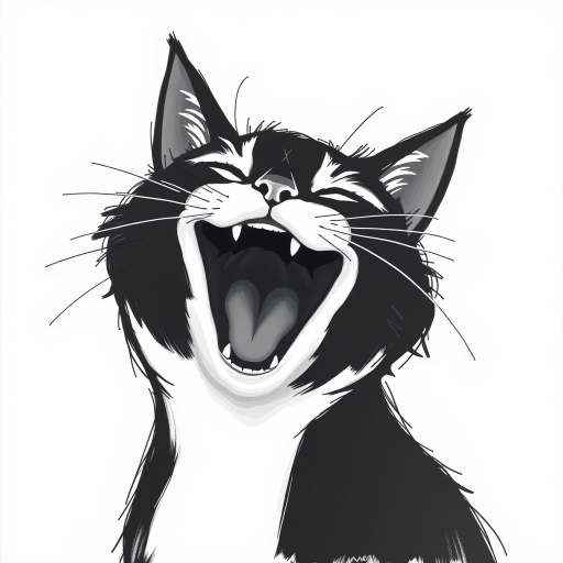Abstract black and white acrylic portrait of an over exaggerated laughing (cat). Minimalism style. White background.