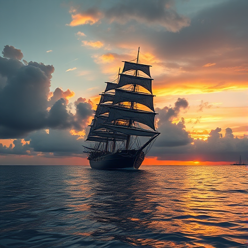 a majestic tall ship sailing through calm waters at sunset, with billowing sails and a dramatic sky, captured with a Canon EOS R5, 24mm lens, f/11, ISO 100, 1/200s, golden hour lighting and high dynamic range for enhanced detail and vibrant colors