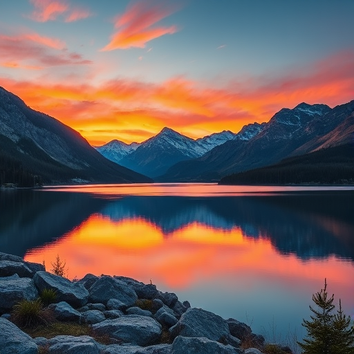 Generate a high-resolution image of a serene landscape featuring mountains and a lake at sunrise with vibrant colors, shot with a DSLR camera, 24mm focal length, f/8 aperture, ISO 100, using a wide-angle lens for depth and clarity.