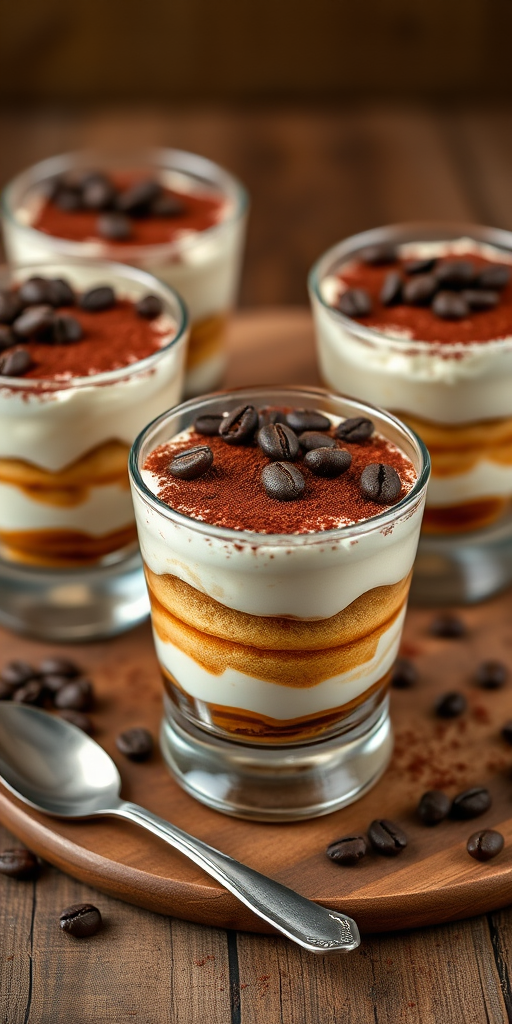 Dessert cups filled with layers of creamy mascarpone cheese and coffee-soaked ladyfingers topped with cocoa powder and coffee beans on a wooden table with a spoon nearby