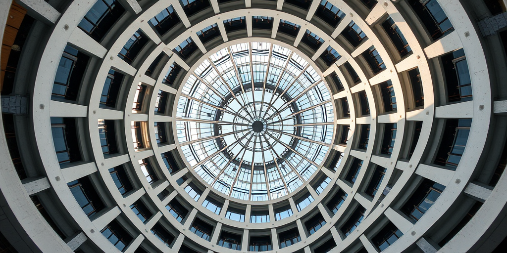 Create a high-resolution image of a modern circular tower viewed from above with intricate architectural details, using a DSLR camera at f/8 aperture, ISO 100, 24mm lens, and a drone perspective to capture a clear and vibrant shot with sharp focus throughout the structure.