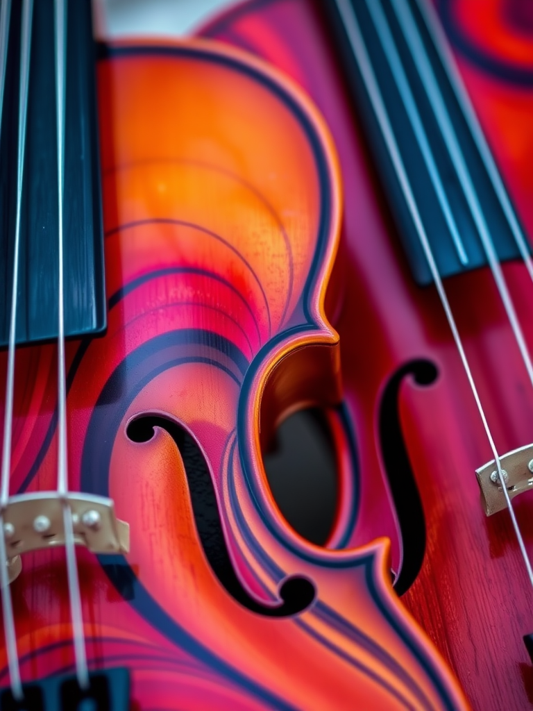 Close-up of two violins intertwined with vibrant color swirls, high dynamic range, ISO 100, f/2.8 aperture, 100mm macro lens, soft focus background, natural light illumination.